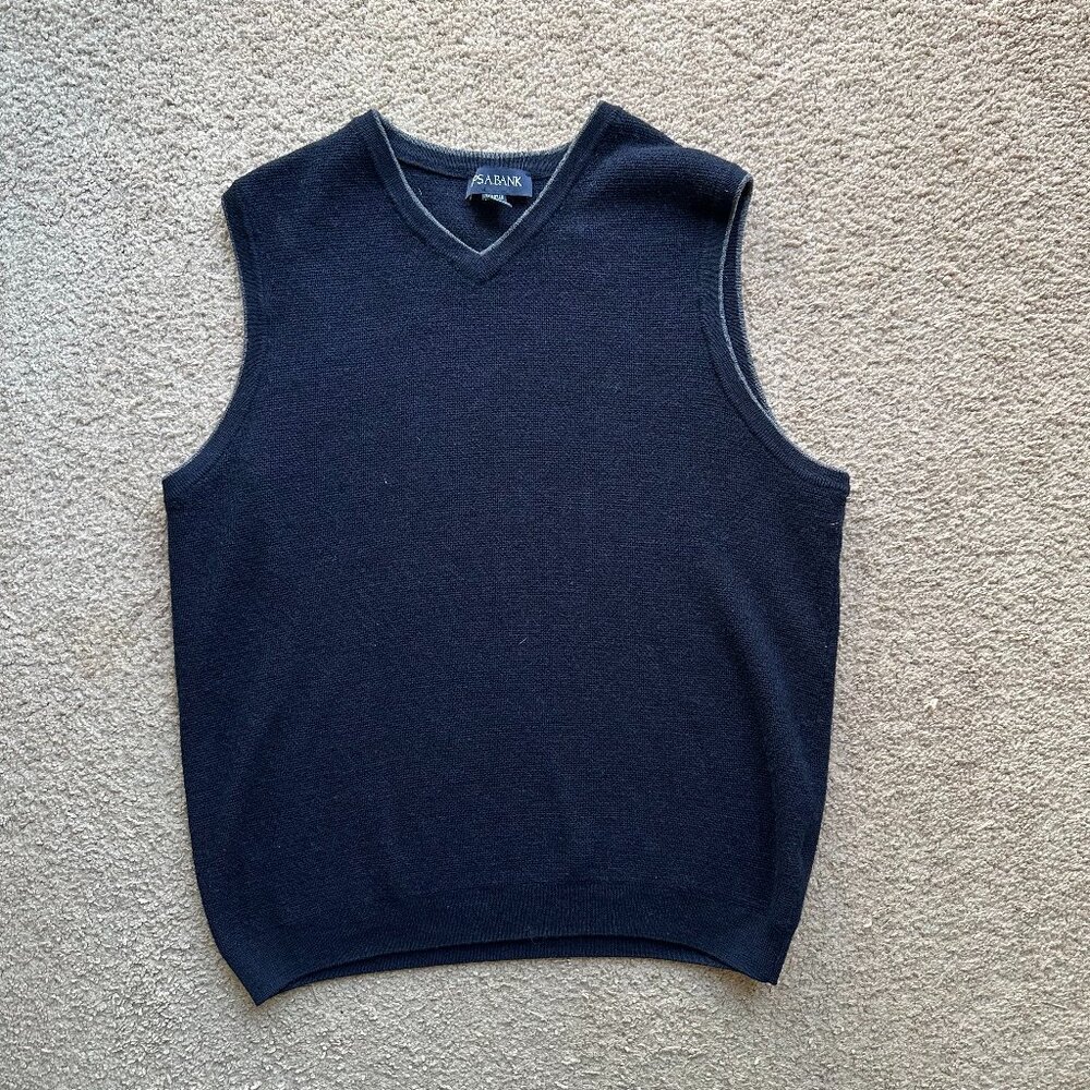 Jos A Bank Sweater Vest Mens Large Wool Blend Tailored Fit V Neck Navy Blue